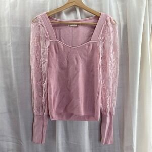 Anthropologie Sweater Top‎ Pink Ribbed Knit Lace Balloon Sleeve Square Neck